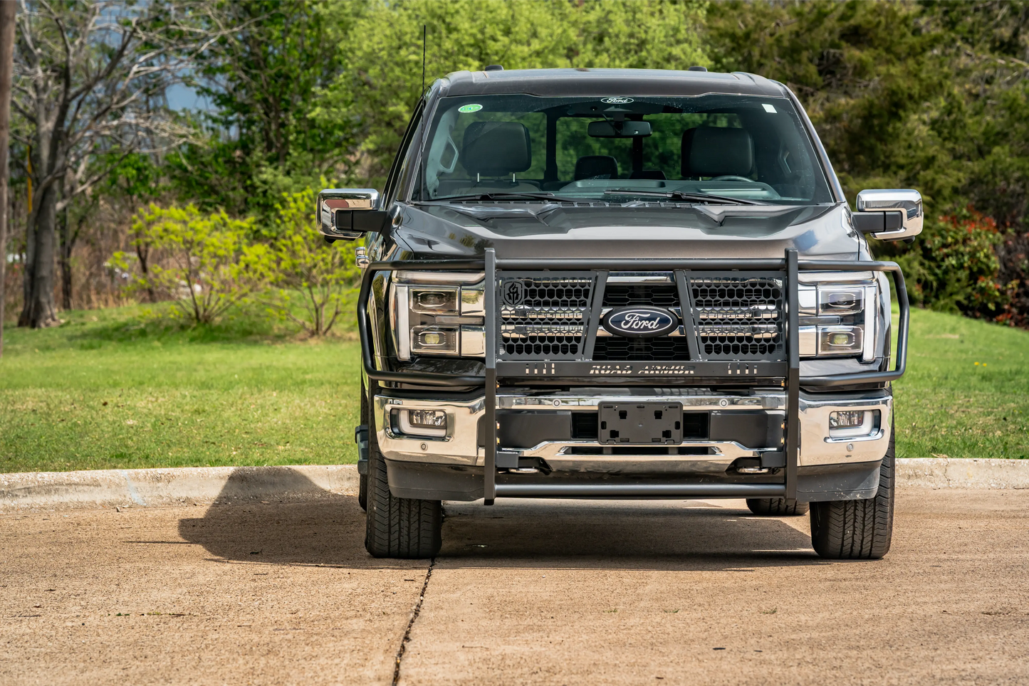Ford truck parked on a driveway with greenery in the background