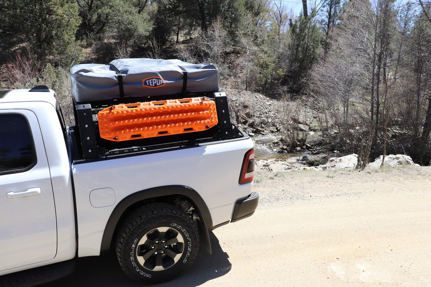 TRECK - OVERLAND PKG. 5 1/2 to 6Ft. Full-Size Truck Beds, Adjustable Bed Rack System (505BRS-BRKTKIT Included) REAR STRAP, UPPER & LOWER RAILS INCLUDED - Texture Black 2010-2020 RAM
